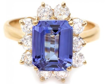 3.60 Carats Natural Tanzanite and Diamond 14K Solid Yellow Gold Ring