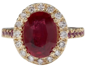 4.32 Carats Natural Ruby and Diamond 14k Solid Yellow Gold Ring