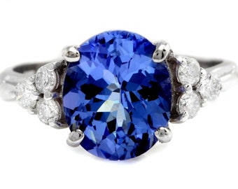 4.15 Quilates Tanzanita Natural y Diamante 14k Anillo de Oro Blanco Sólido