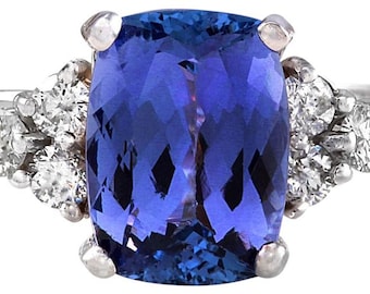 3.80 Carats Natural Tanzanite and Diamond 14k Solid White Gold Ring