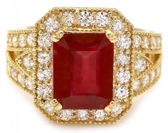 7.25 Carats Natural Red Ruby and Diamond 14k Solid Yellow Gold Ring