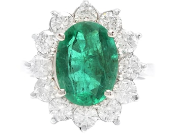 5.80ct Natural Emerald & Diamond 18k Anillo de Oro Blanco Sólido