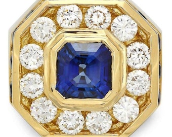 Anello da uomo in oro giallo massiccio 18 carati con zaffiro naturale e diamanti da 10,50 carati