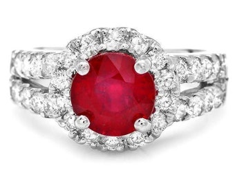 4.10 Carats Natural Red Ruby and Diamond 14K Solid White Gold Ring
