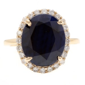 7.50ct Natural Blue Sapphire and Diamond 14k Solid Yellow Gold Ring