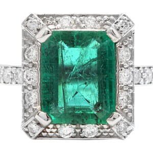 4.60ct Natural Emerald & Diamond 14k Solid White Gold Ring