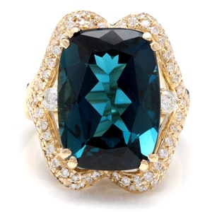 19.10 Carats Natural London Blue Topaz & Diamond 14k Solid Yellow Gold Ring