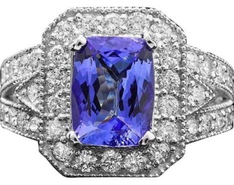 4.30 Quilates De Tanzanita Natural y Diamante 14K Anillo de Oro Blanco Sólido