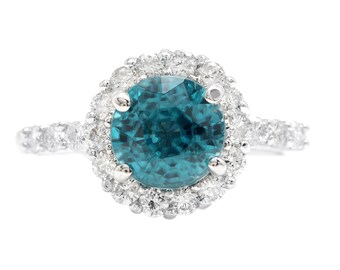 4,75 karaat natuurlijke blauwe zirkon en diamant 14k massief witgouden ring