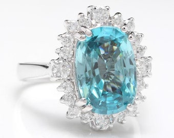 6.75 Karaat Natuurlijke Blauwe Zirkoon en Diamant 14k Massief Wit Goud Ring