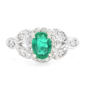 1.15Ct Natural Emerald & Diamond 14K Solid White Gold Ring