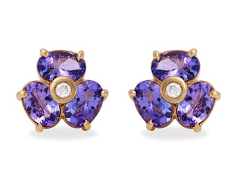 3.06ct Natural Tanzanite and Diamond 14k Solid Yellow Gold Earrings