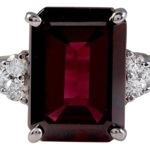 9.25 Carati Granato Rosso Naturale & Diamond 14k Anello Solido in Oro Bianco