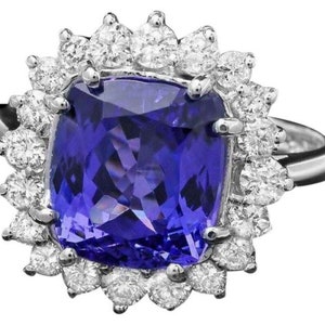 5.60 Carats Natural Tanzanite and Diamond 14k Solid White Gold Ring