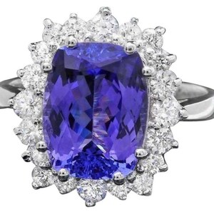 5.60 Carats Natural Tanzanite and Diamond 14K Solid White Gold Ring