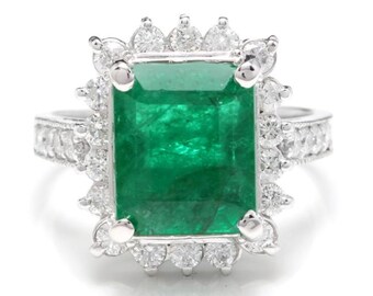 5.10ct Natural Emerald & Diamond 14k Solid White Gold Ring