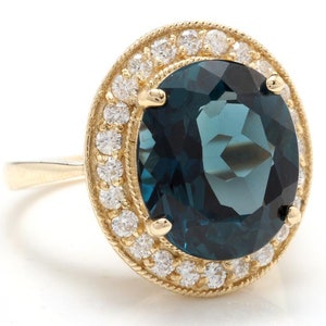 10.75 Carats Natural London Blue Topaz & Diamond 14k Solid Yellow Gold Ring