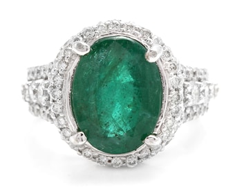 6.80ct Natural Emerald & Diamond 14k Solid White Gold Ring