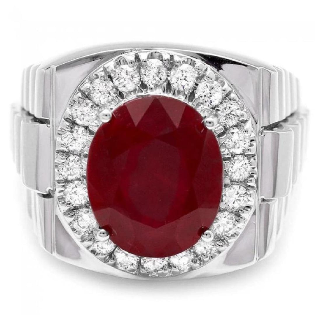 10.20ct Ruby and Natural Diamond 18k Solid White Gold Men's