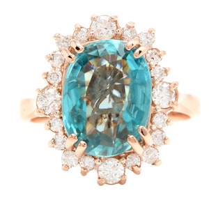 7.80 Carats Natural Blue Zircon and Diamond 14k Solid Rose Gold Ring