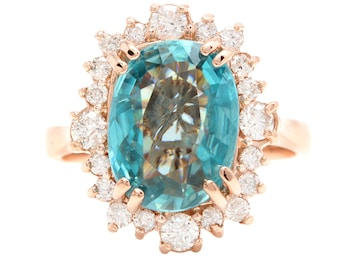 7.80 Karaat Natural Blue Zircon en Diamond 14k Solid Rose Gold Ring