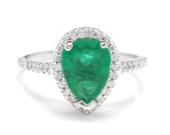 2.20ct Natural Emerald & Diamond 14k Solid White Gold Ring