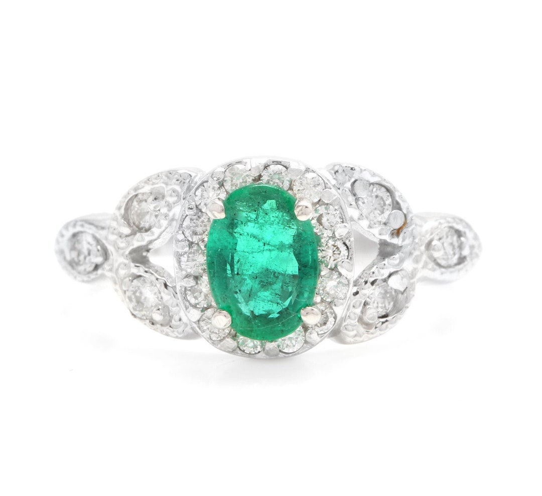 1.15ct Natural Emerald & Diamond 14k Solid White Gold Ring - Etsy