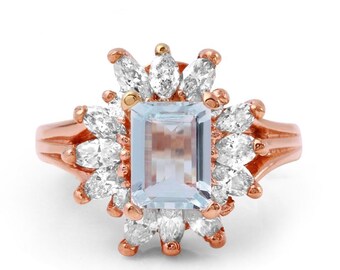 Anillo de oro rosa macizo de 2.70 quilates de aguamarina natural y diamante de 14k