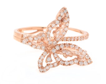 0.70ct Wundervoller natürlicher Diamant 14k Massiver Roségold Schmetterling Ring