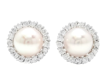 Prachtige natuurlijke gekweekte parel en diamant 14K massief witgouden stud oorbellen