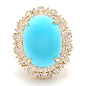 13.00 Carats Natural Turquoise and Diamond 14k Solid Yellow Gold Ring