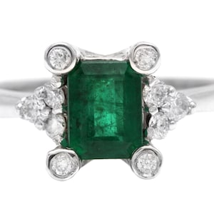 1.22Ct Natural Emerald and Diamond 14k Solid White Gold Ring