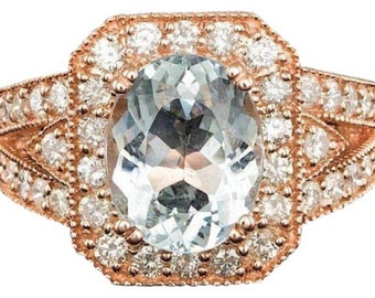 4.10 Quilates Aguamarina Natural y Diamante 14K Anillo sólido de oro rosa