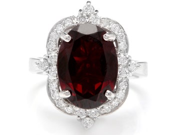 7.55 Carats Natural Red Garnet and Diamond 14k Solid White Gold Ring