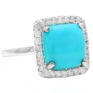 3.60 Carats Natural Turquoise and Diamond 18k Solid White Gold Ring