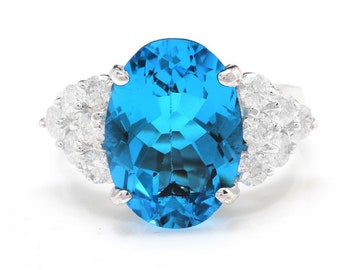 14Kホワイトゴールド　指輪　ブルートパーズ　ダイヤ 7.40 カラット天然スイスブルートパーズ & ダイヤモンド 14K ホワイト