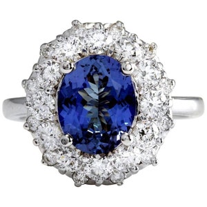 3.55 Carats Natural Tanzanite and Diamond 14k Solid White Gold Ring