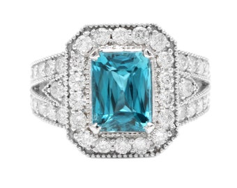 5.95 Karaat Natural Blue Zircon en Diamond 14k Solid White Gold Ring