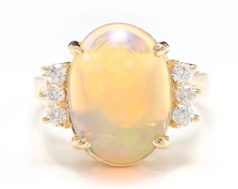 6.10ct Natuurlijke Ethiopische Opaal en Diamant 14k Massief Geel Goud Ring