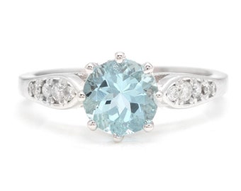 1.82 Carats Natural Aquamarine and Diamond 14k Solid White Gold Ring