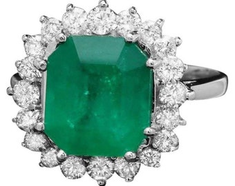 4.40ct Natural Emerald & Diamond 14k Solid White Gold Ring