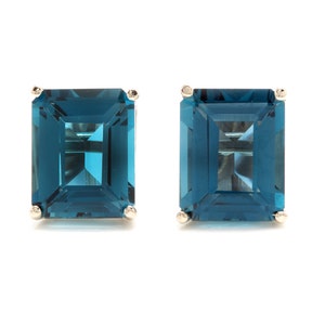 7.45 Carats Natural London Blue Topaz 14k Solid White Gold Stud Earrings