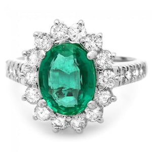 3.50ct Natural Emerald & Diamond 14k Solid White Gold Ring