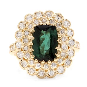 4.45 Carats Natural Green Tourmaline and Diamond 18k Solid Yellow Gold Ring