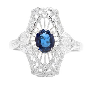 Art Deco Style Natural Sapphire and Diamond 14k Solid White Gold Ring
