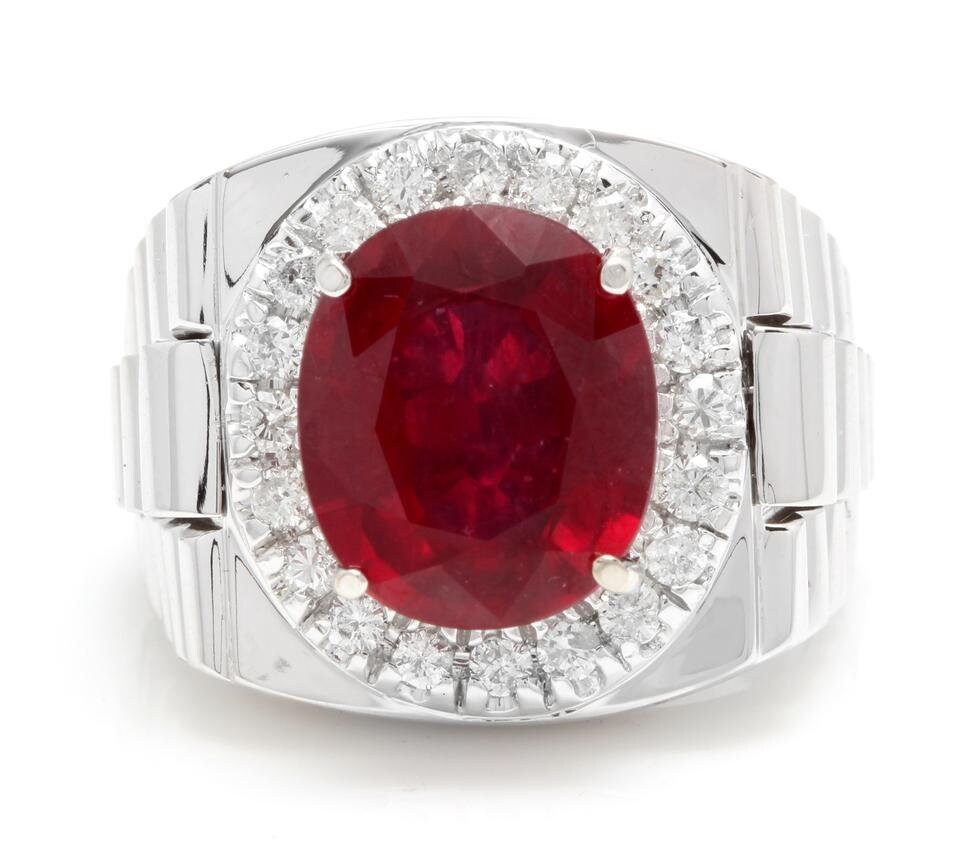 9.70ct RubĂ y Diamante Natural 14k Oro Blanco SĂłlido Anillo de Hombre