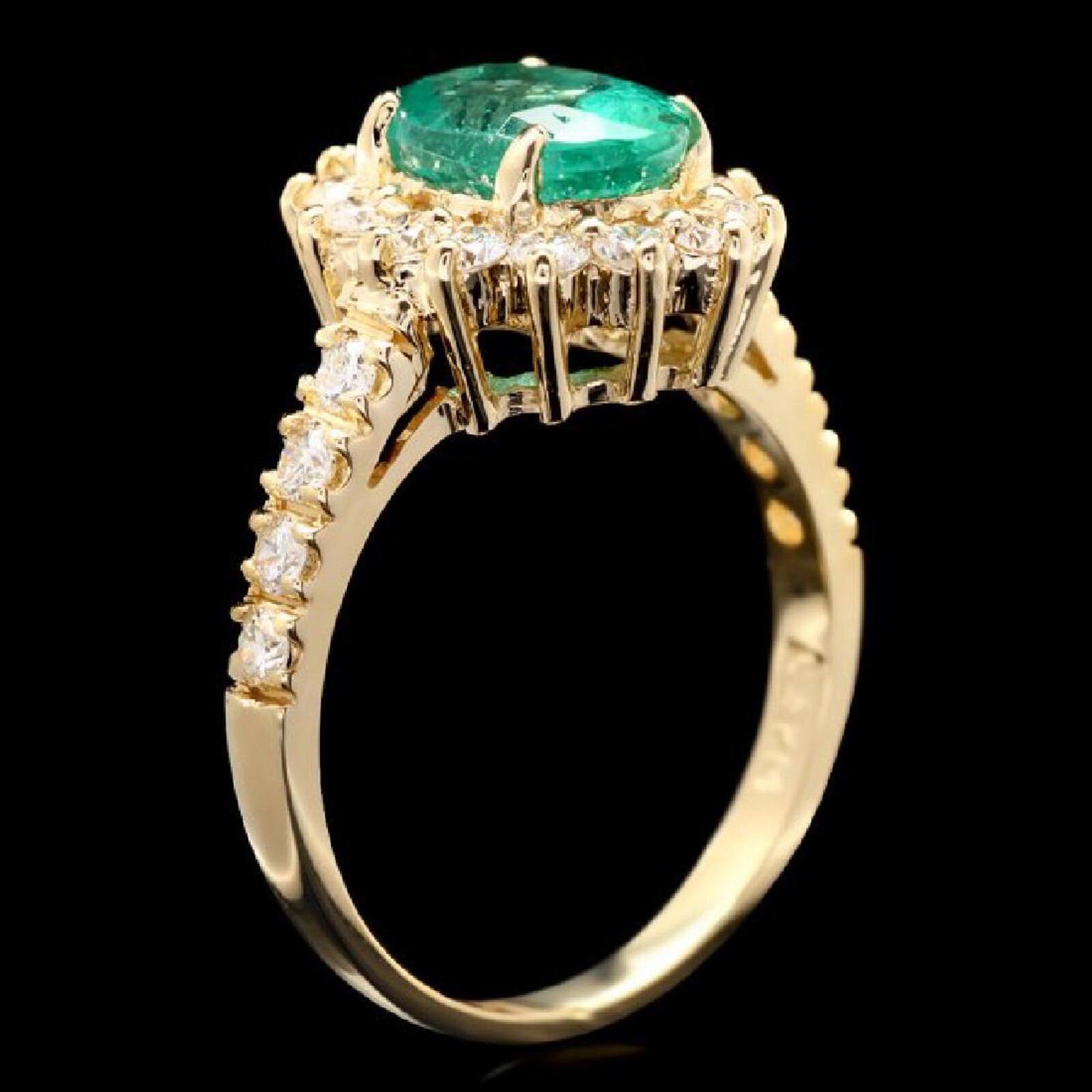 Bague Or Jaune 14 Carats Diamant Et émeraude Naturelle 2,05 Ct Taille Ovale - Verte, 7