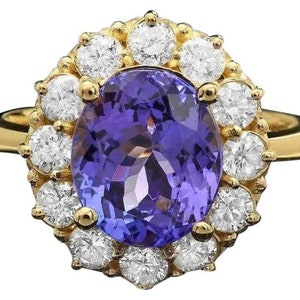 4.00 Carats Natural Tanzanite and Diamond 14K Solid Yellow Gold Ring