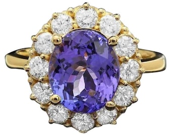 4.00 Carats Natural Tanzanite and Diamond 14K Solid Yellow Gold Ring