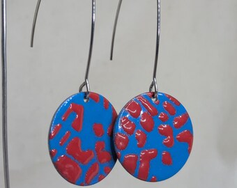 Handmade Enamel Dangle Earrings: Bright Blue Red Pattern, Silver Stainless Steel